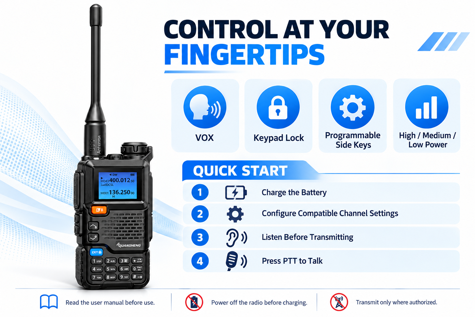QUANSHENG UV-5RPLUS controls and quick-start instructions