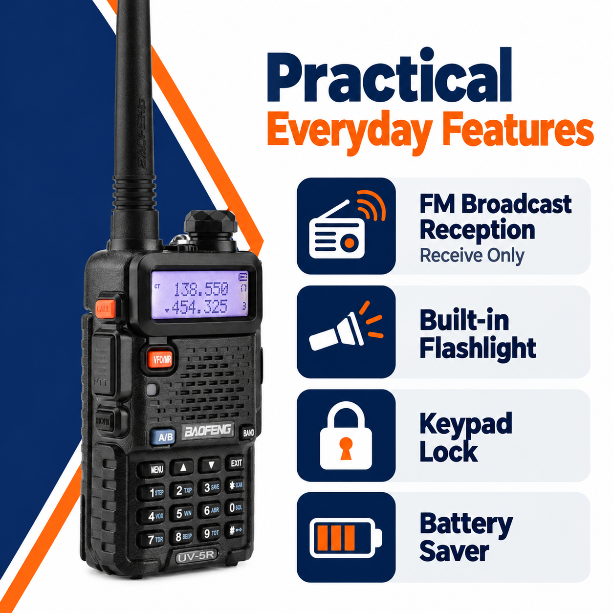 BAOFENG UV-5R FM reception flashlight keypad lock and battery saver