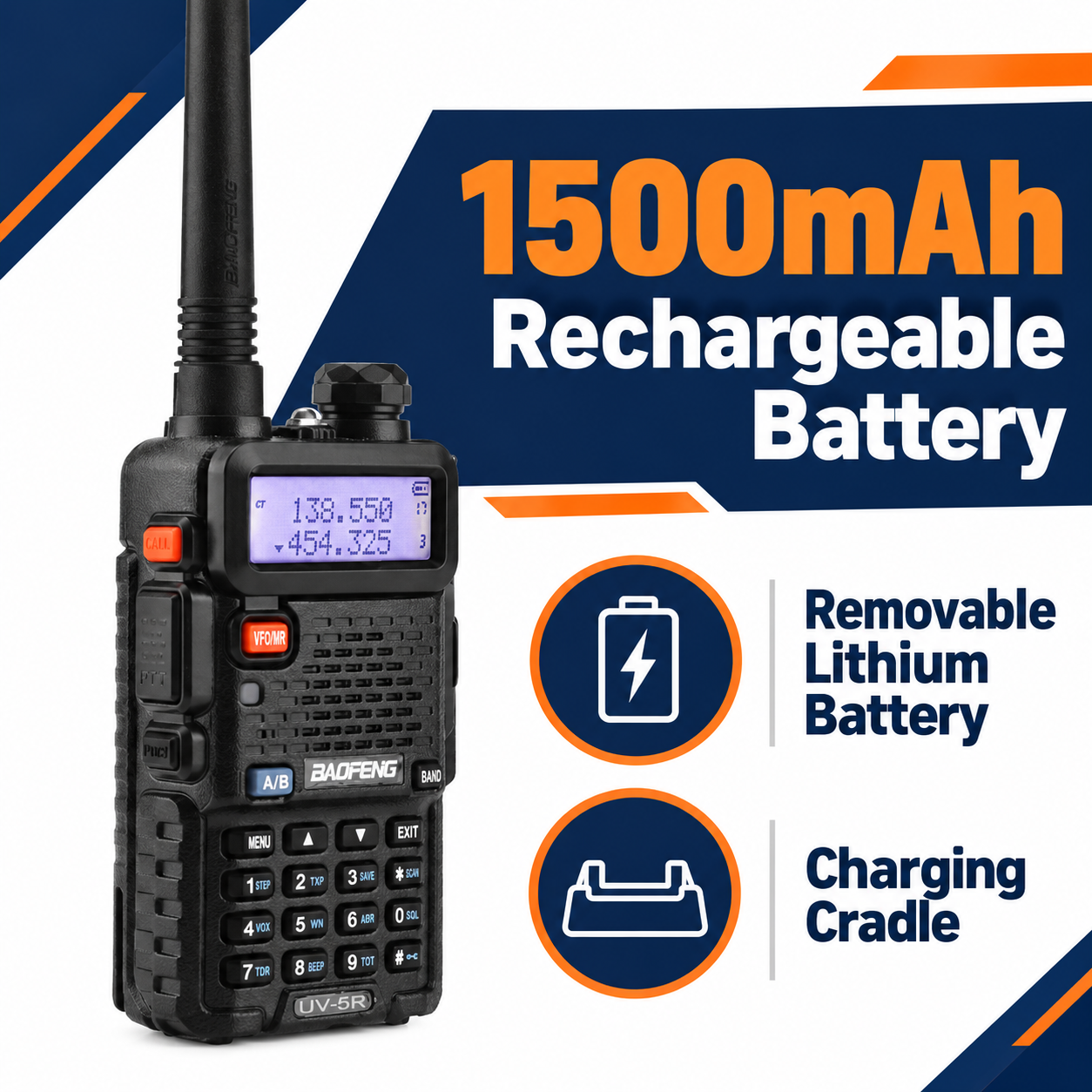 BAOFENG UV-5R rechargeable 1500mAh battery and cradle charging