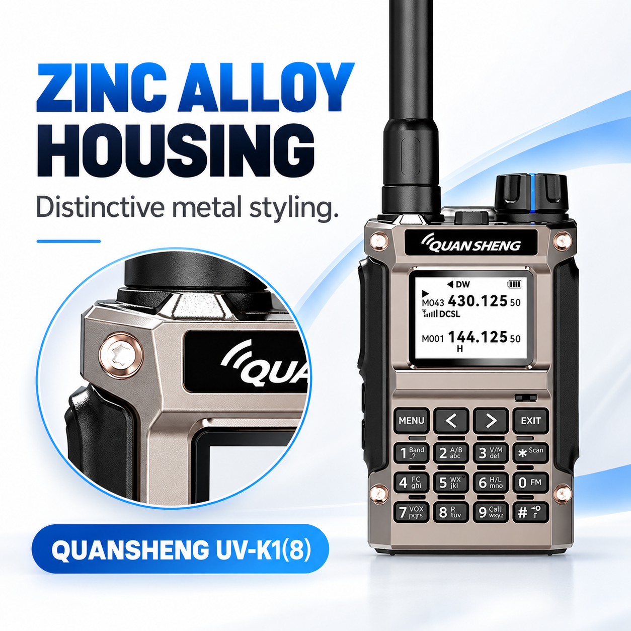 QUANSHENG UV-K1(8) zinc alloy housing and metal-gray finish