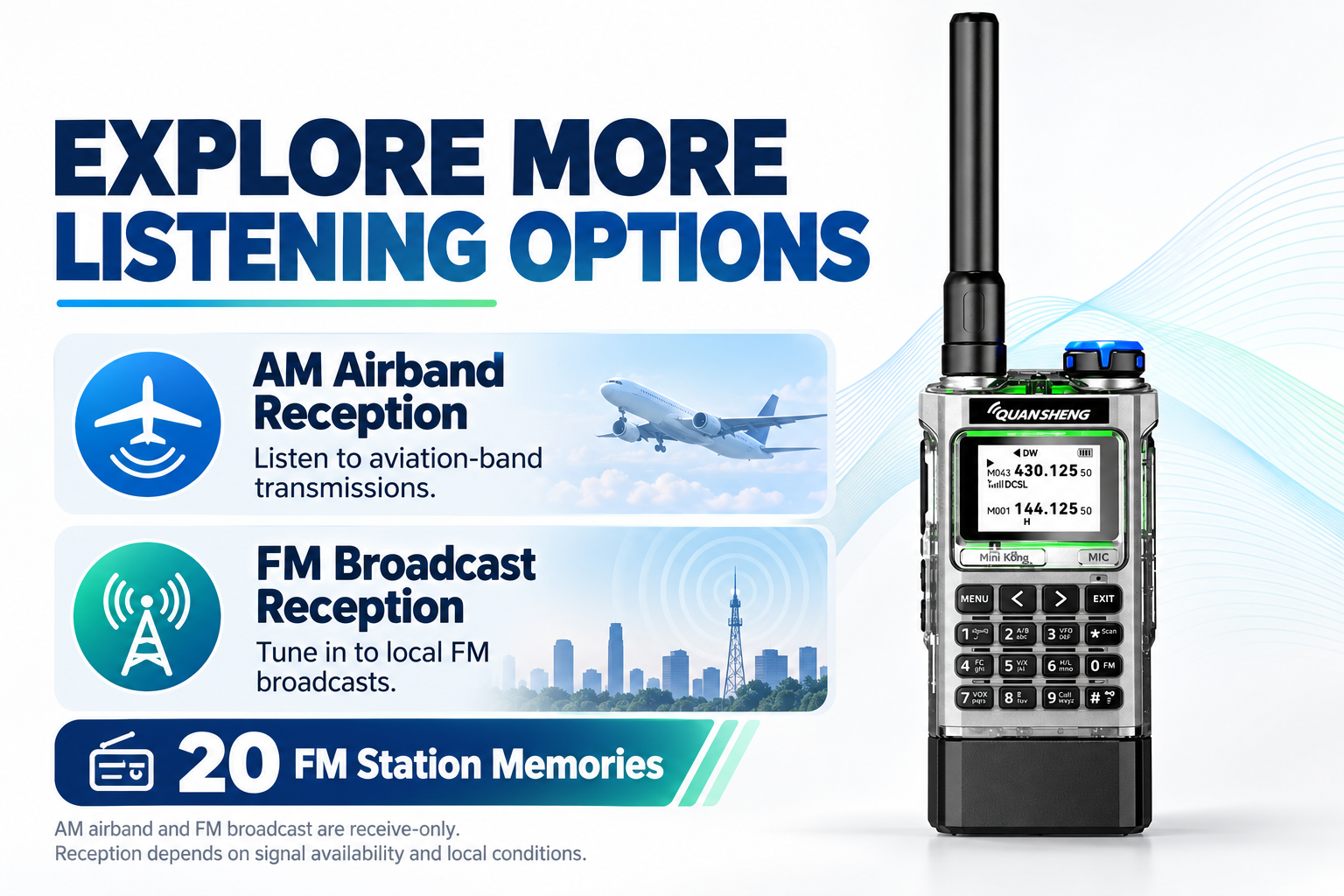 QUANSHENG UV-K1 receive-only AM airband and FM broadcast functions