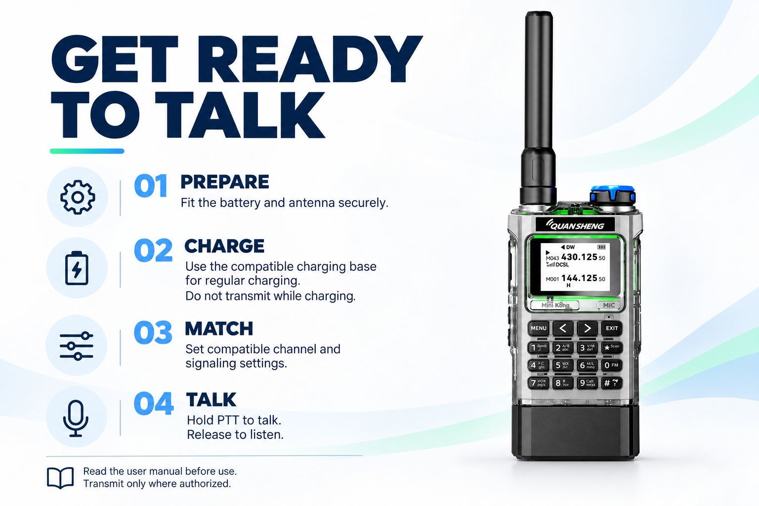 QUANSHENG UV-K1 preparation charging and push-to-talk instructions