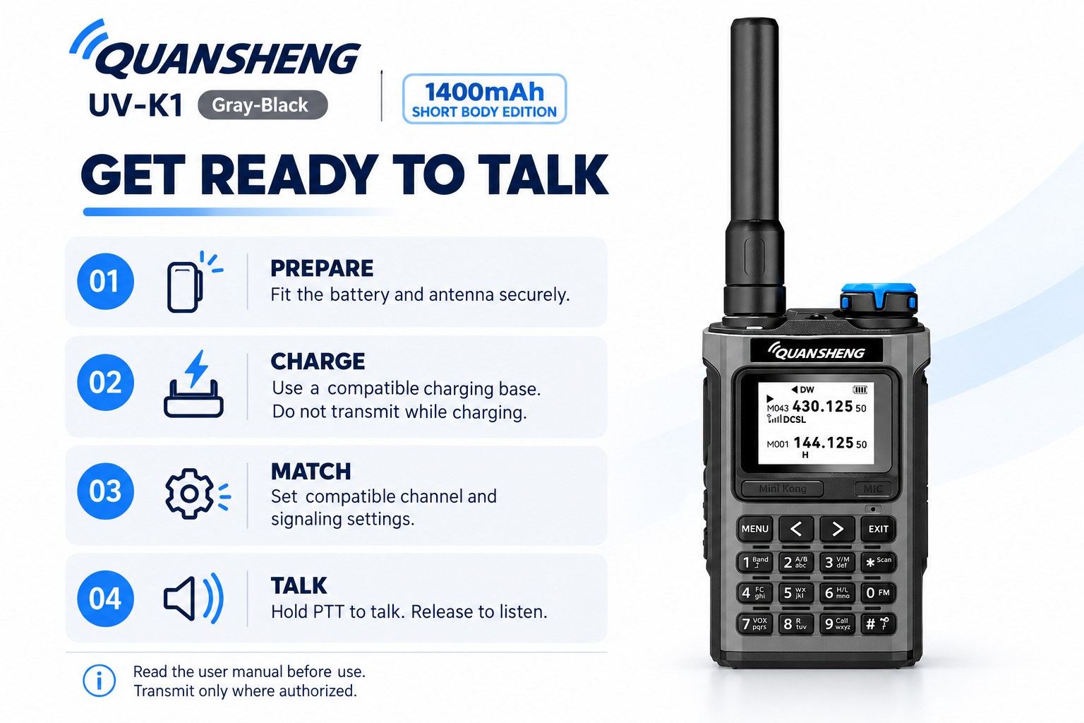 QUANSHENG UV-K1 preparation charging and operating steps