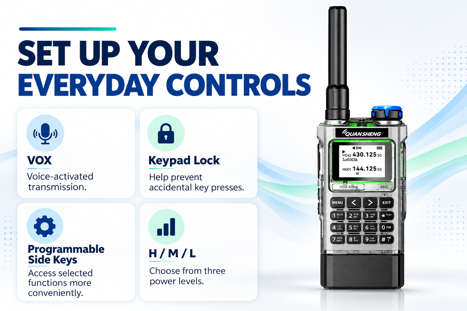 QUANSHENG UV-K1 everyday controls and selectable power levels