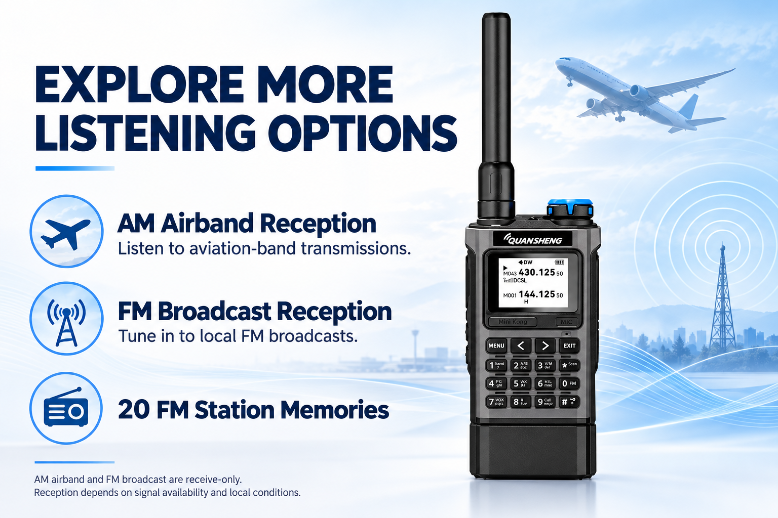 QUANSHENG UV-K1 receive-only AM airband and FM features