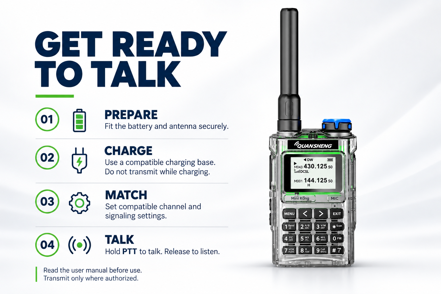 QUANSHENG UV-K1 preparation charging and operating steps