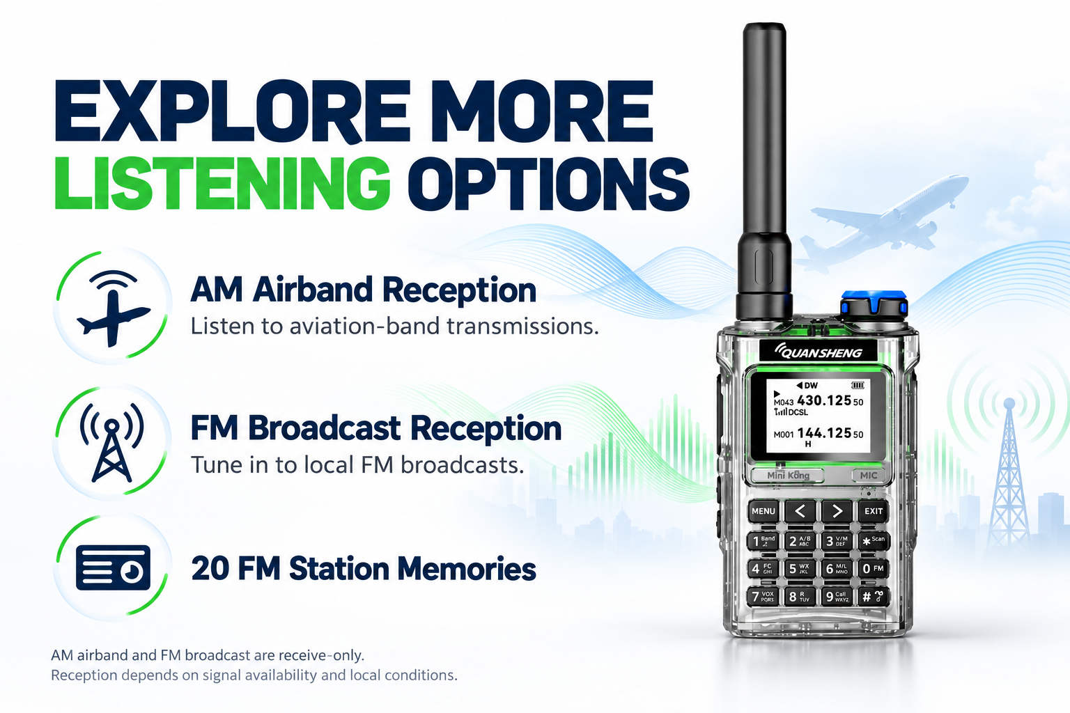 QUANSHENG UV-K1 receive-only AM airband and FM features