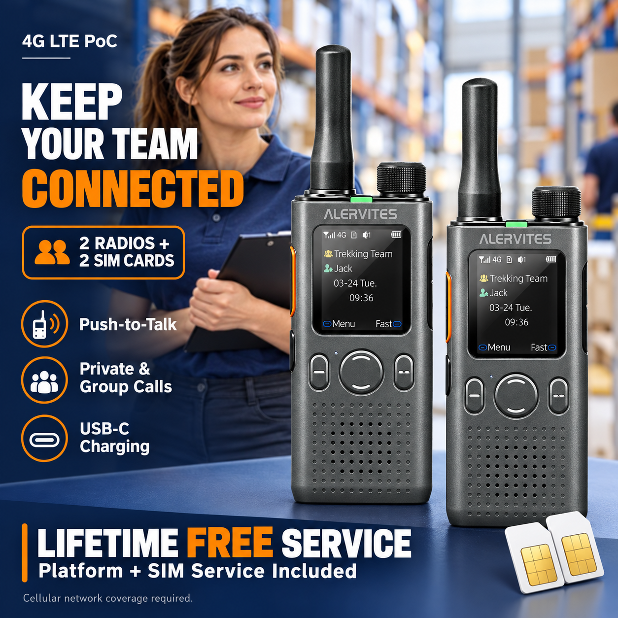 ALERVITES POC-AT1 dark-gray two-radio set with lifetime-free platform and SIM service