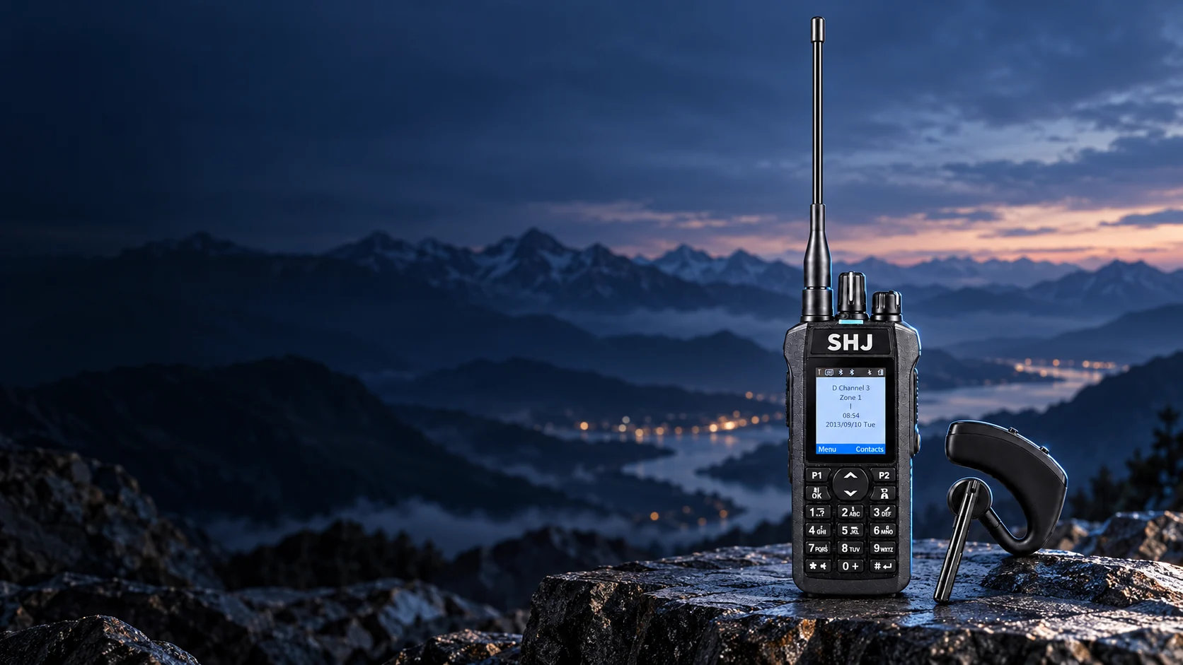 SHJ R7 radio and Bluetooth earpiece in a mountain landscape