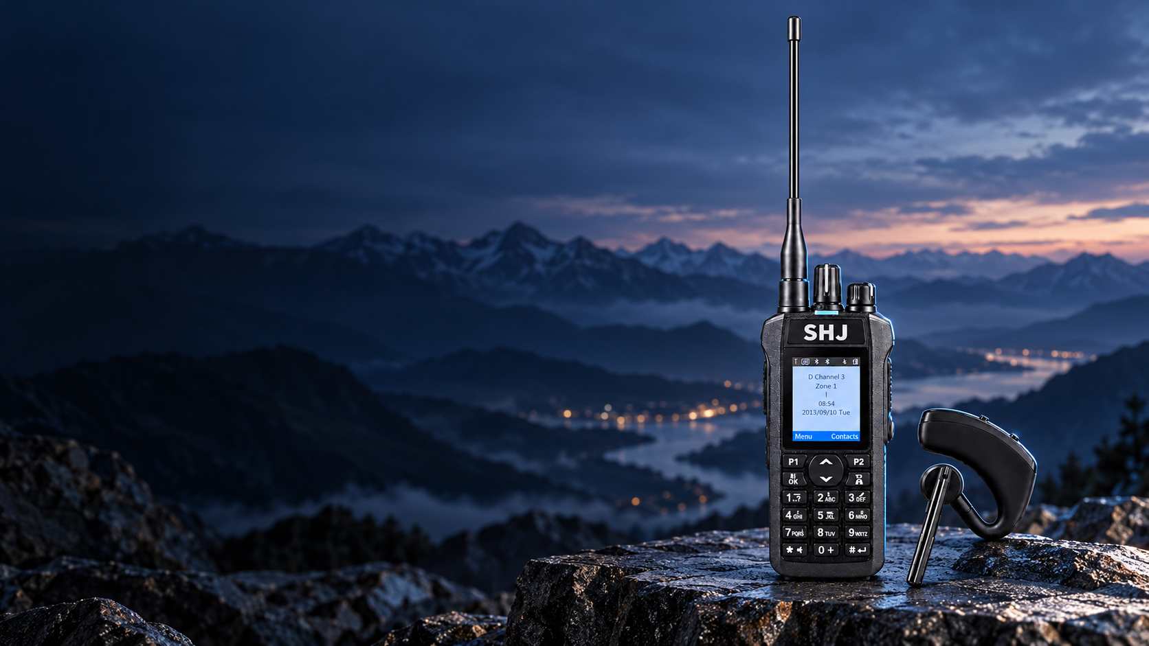 SHJ R7 radio and Bluetooth earpiece in a mountain landscape
