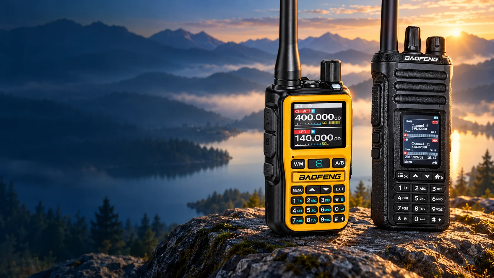 BAOFENG BF-5RMINI and DM-36 radios overlooking a mountain lake