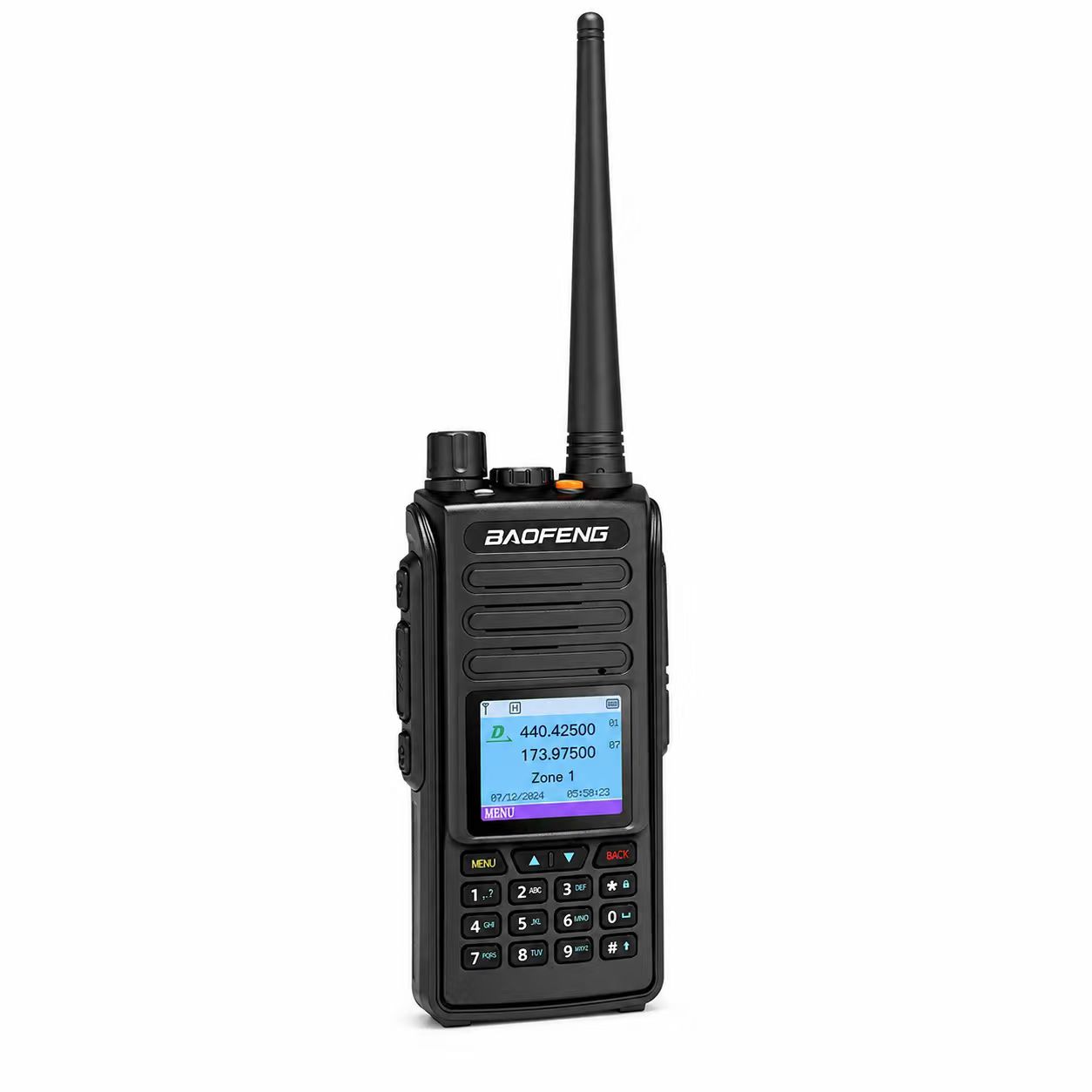 BAOFENG DM-1702 black handheld radio with full-length antenna on a white background