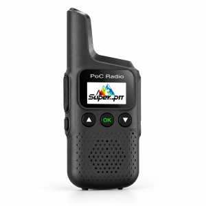 Black M1 PoC radio with integrated antenna and Super-PTT screen.