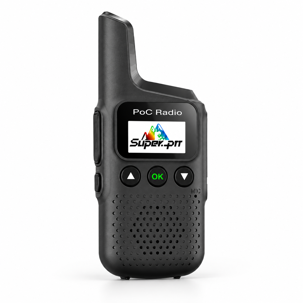 Black M1 PoC radio with integrated antenna and Super-PTT screen.