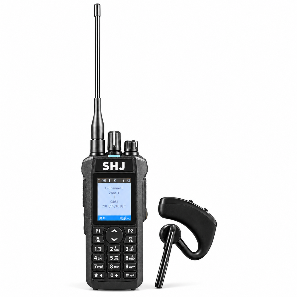 SHJ R7 gray-black handheld DMR digital and analog radio on a white background