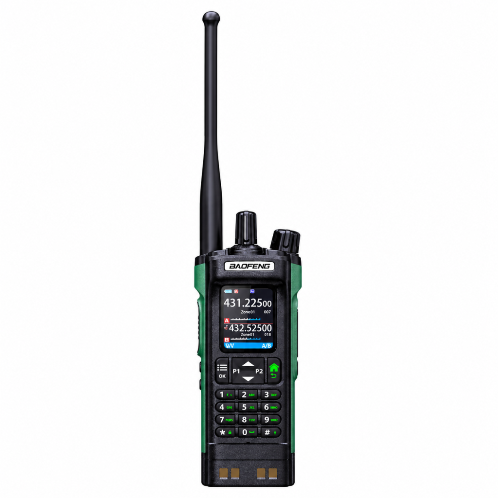 BAOFENG UV-32 black and green handheld radio on a white background