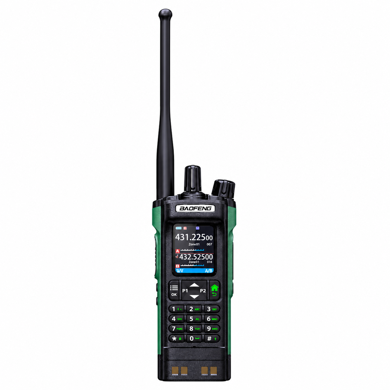 BAOFENG UV-32 black and green handheld radio on a white background