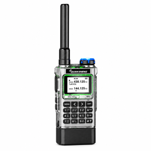 QUANSHENG UV-K1 transparent radio with 2500mAh extended battery on a white background