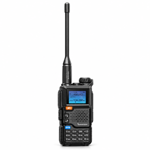 QUANSHENG UV-5RPLUS black handheld radio with 1600mAh battery on a white background