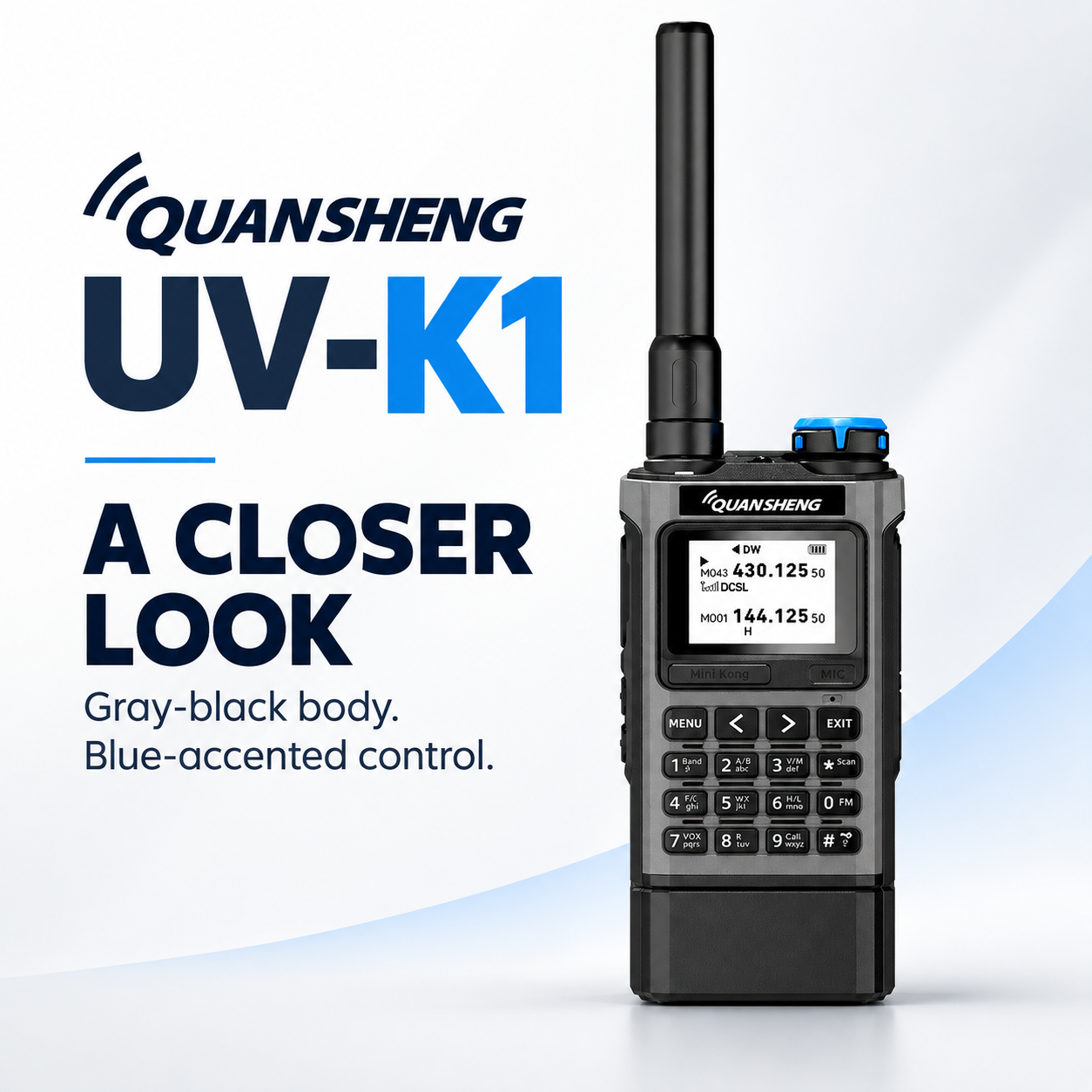 Front view of the QUANSHENG UV-K1 gray-black radio