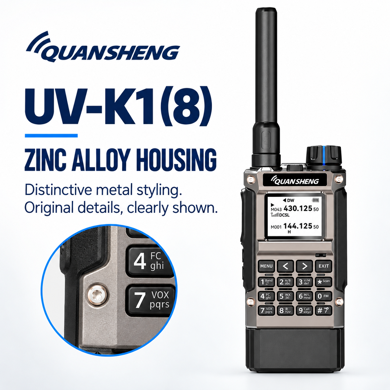 QUANSHENG UV-K1(8) zinc alloy housing and metal-gray finish