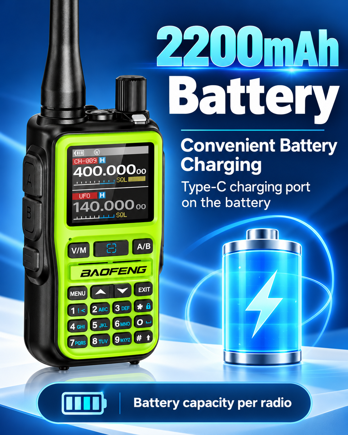 BAOFENG BF-5RMINI 2200mAh battery USB-C charging and power