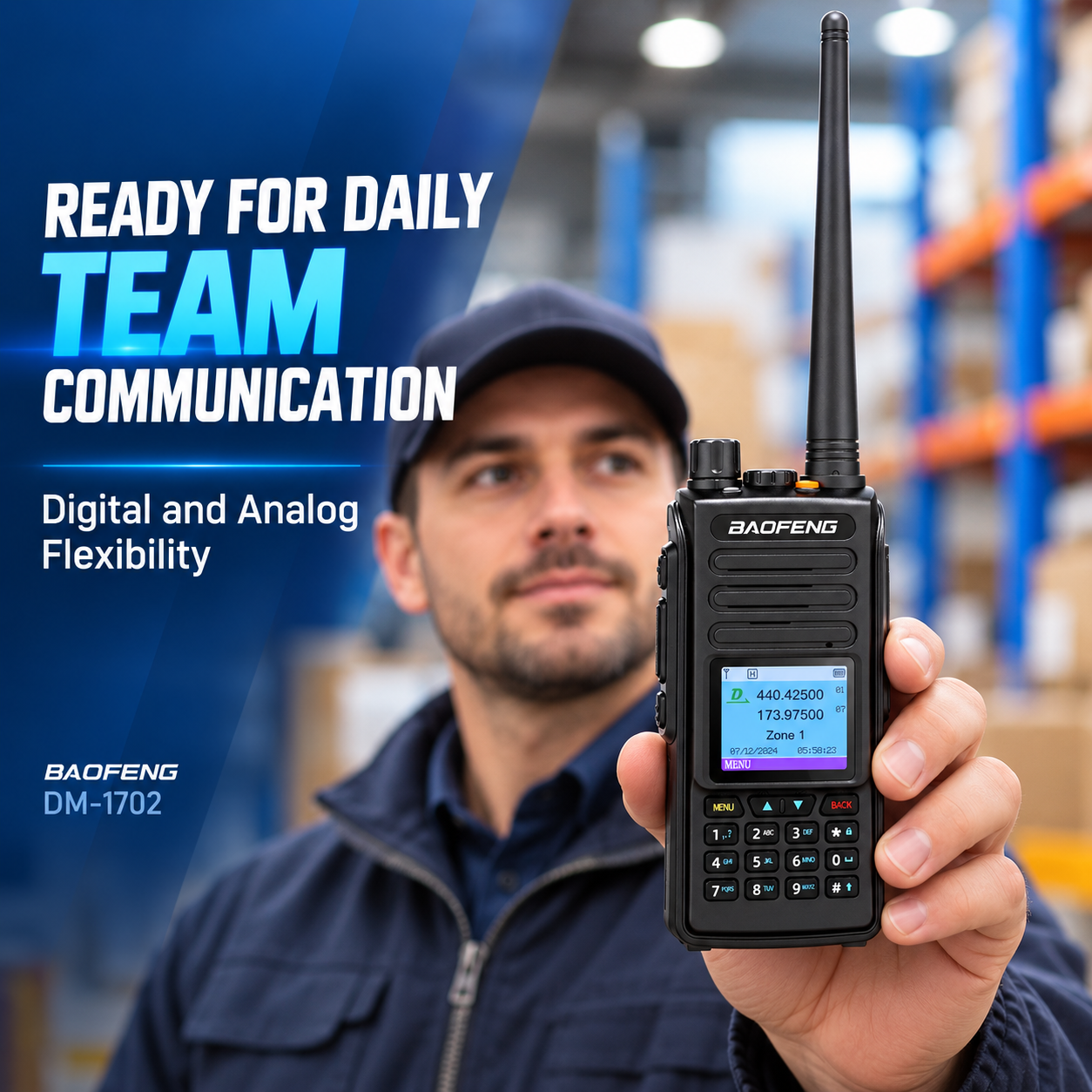 Adult worker holding a BAOFENG DM-1702 radio in a warehouse setting