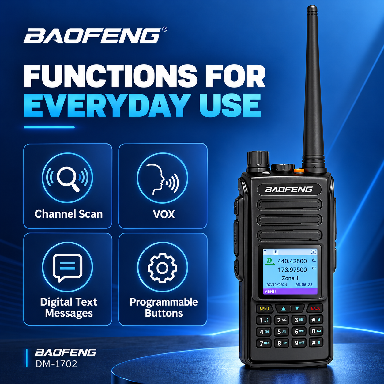 BAOFENG DM-1702 channel scan VOX digital messaging and programmable buttons