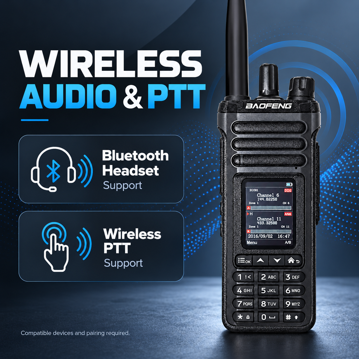 BAOFENG DM-36 Bluetooth headset and wireless PTT support