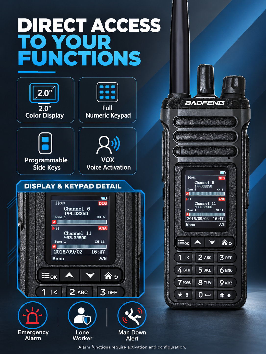 BAOFENG DM-36 display, keypad, VOX and configurable alert functions