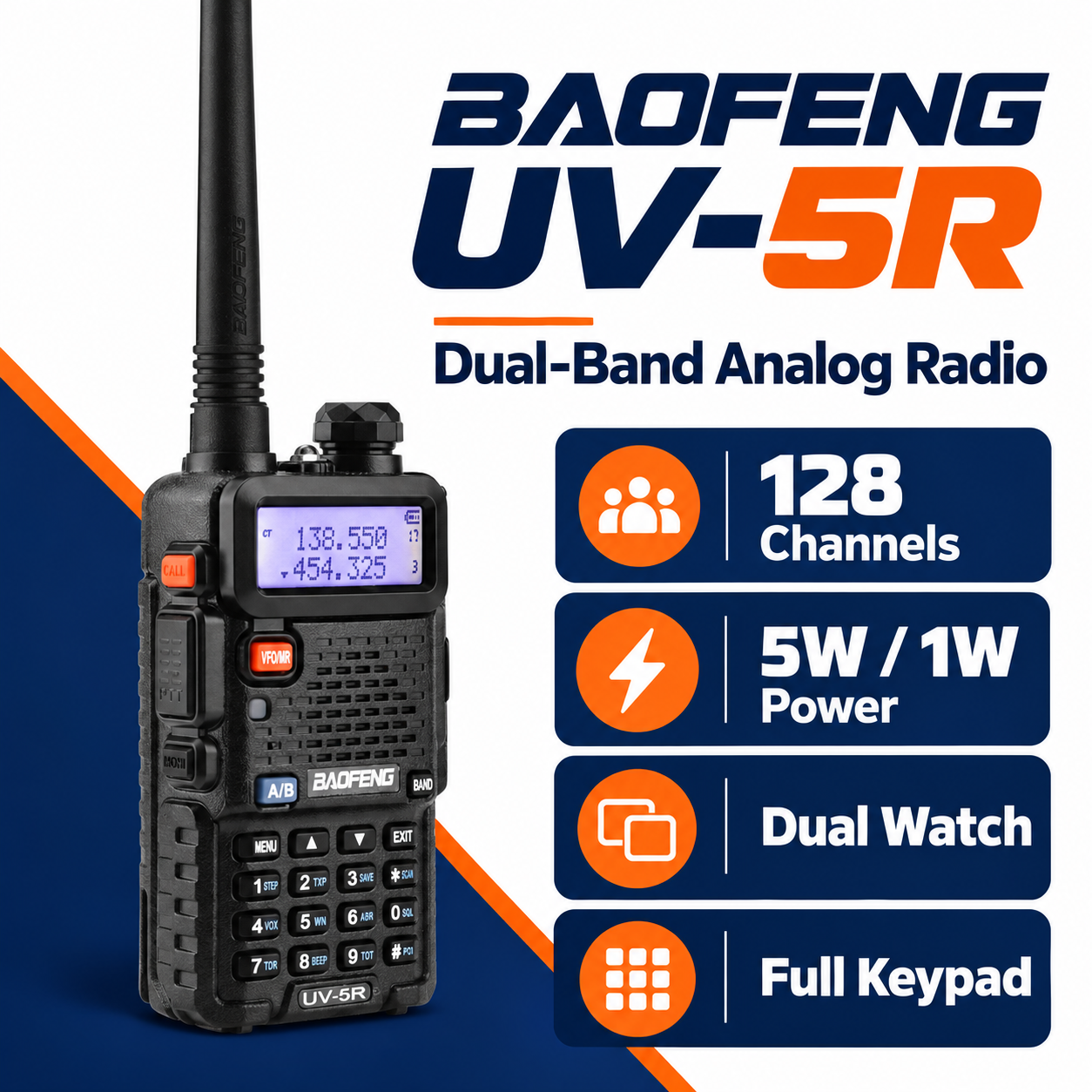 BAOFENG UV-5R key features with 128 channels and selectable power