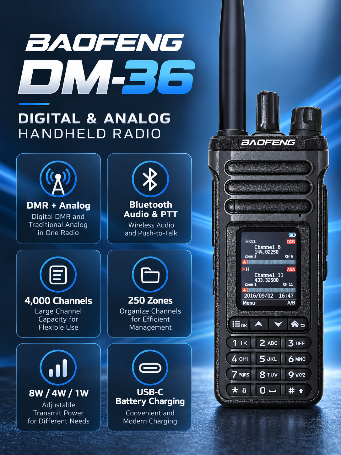 BAOFENG DM-36 digital and analog handheld radio feature overview