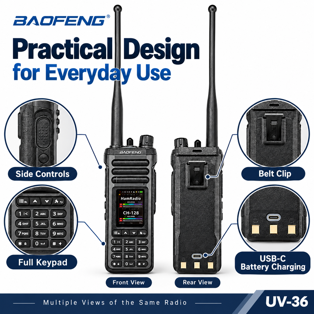BAOFENG UV-36 keypad side controls and USB-C charging