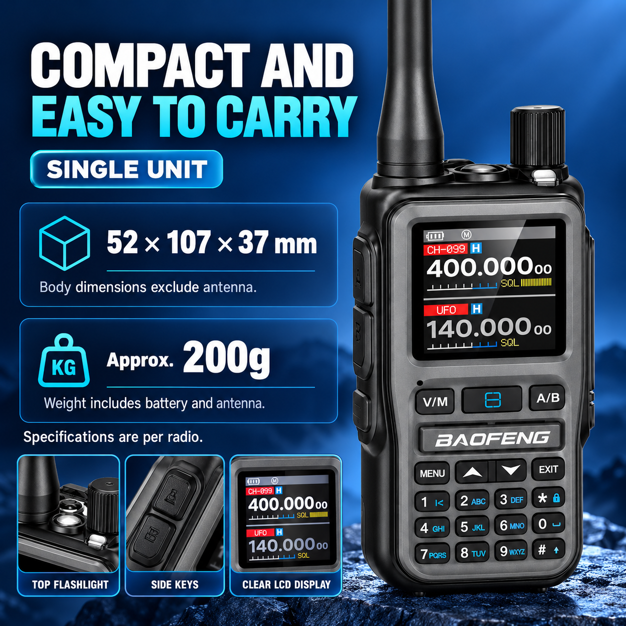 BAOFENG BF-5RMINI gray single radio body dimensions and approximate weight per radio