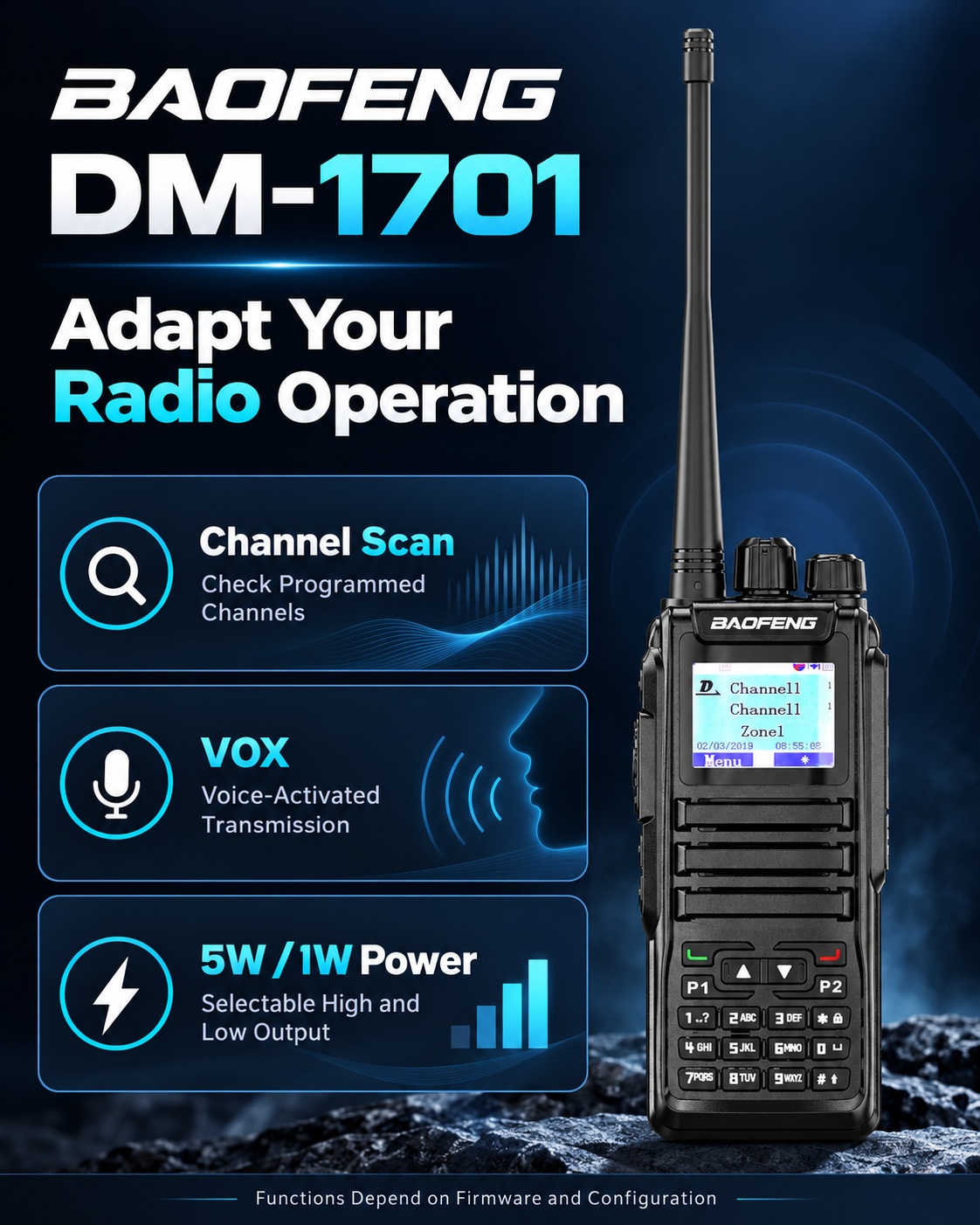 BAOFENG DM-1701 selectable power channel scan and VOX