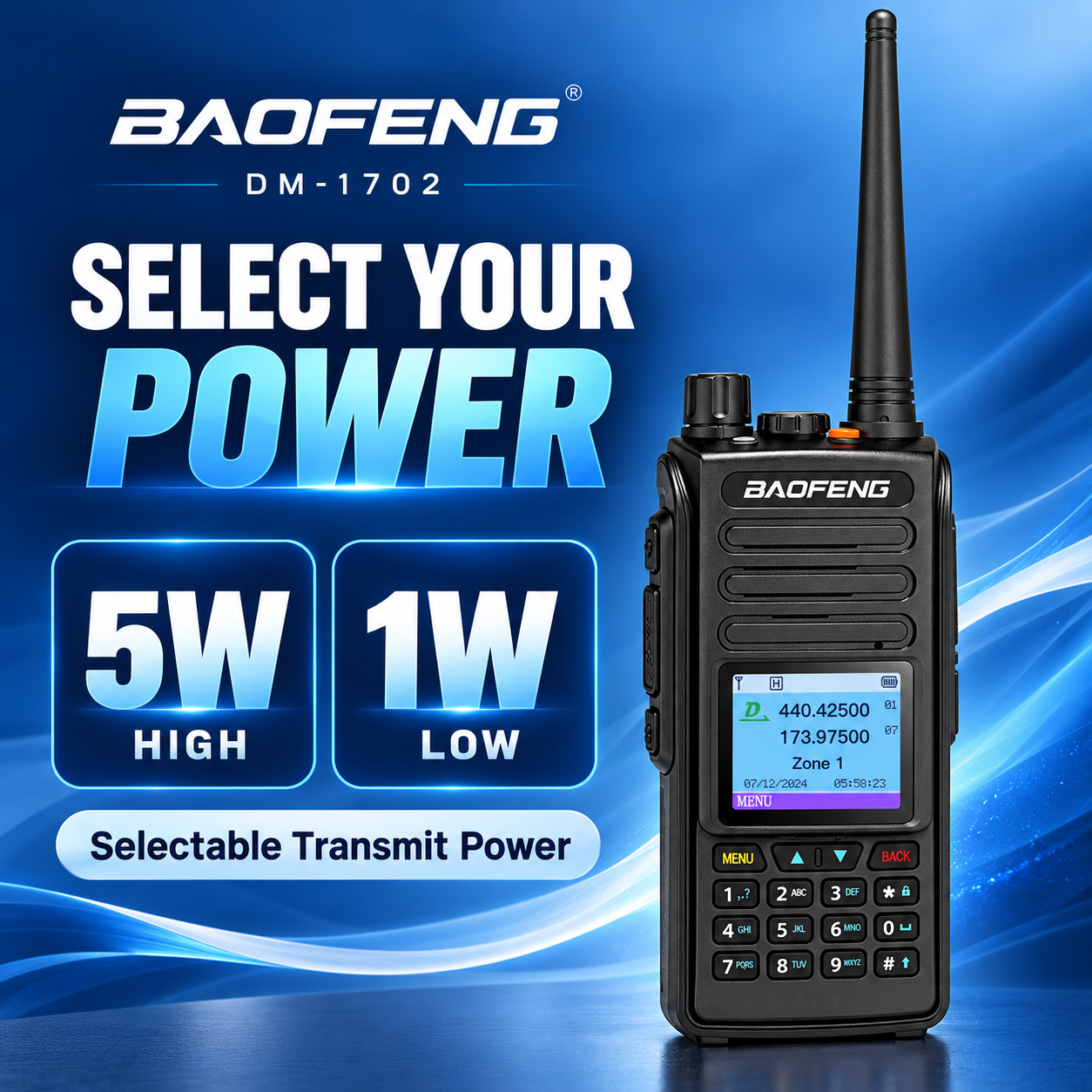 BAOFENG DM-1702 selectable 5W high and 1W low transmit power