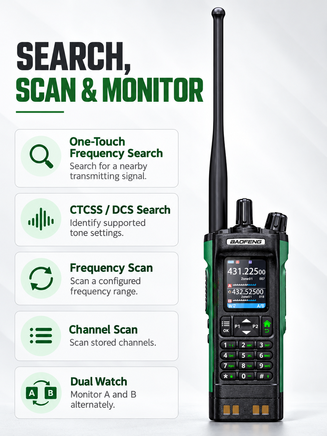 BAOFENG UV-32 frequency search scanning and A B dual watch