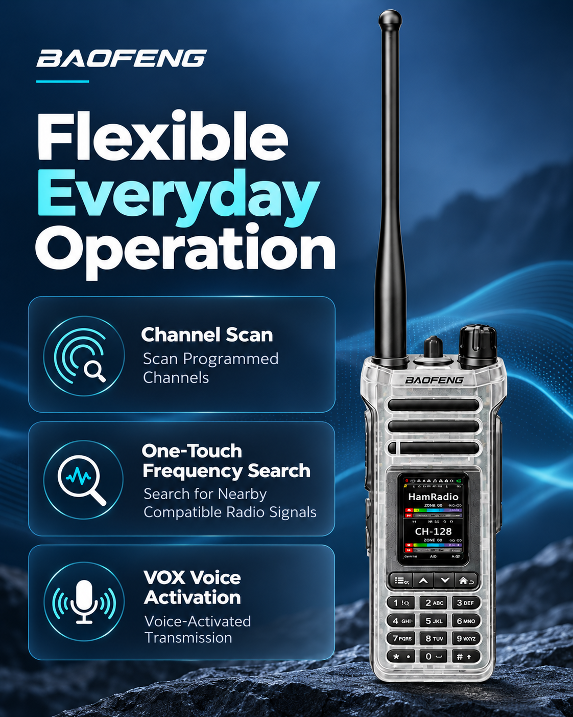 BAOFENG UV-36 scanning frequency search and voice activation