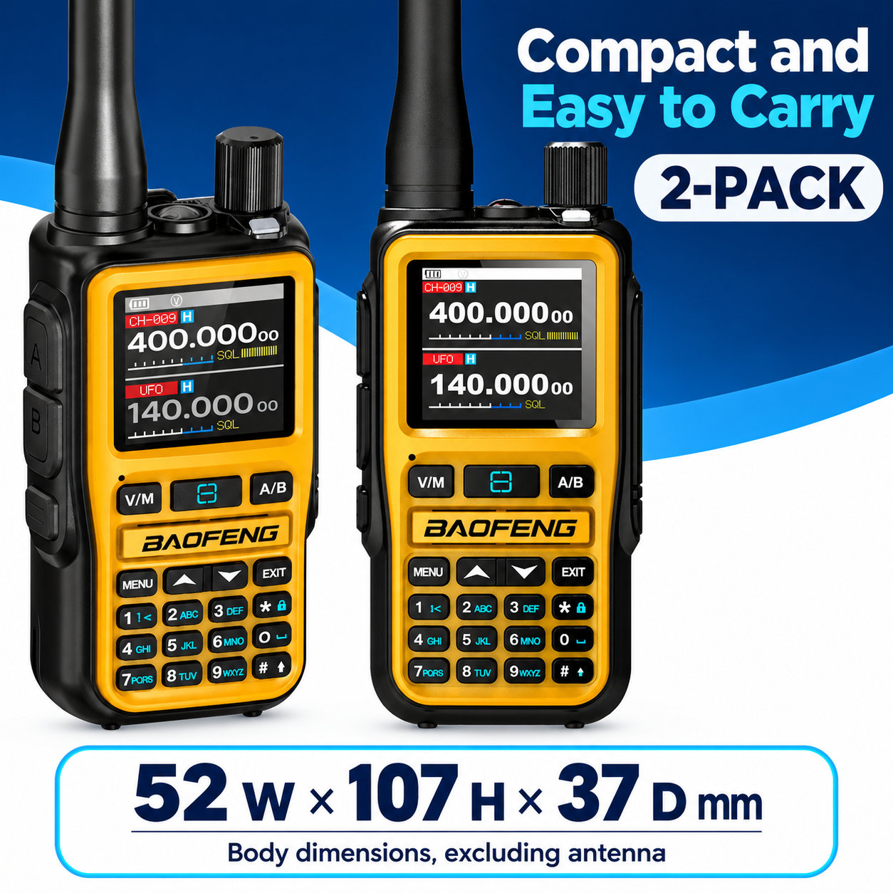 BAOFENG BF-5RMINI orange two-radio set compact dimensions and package configuration