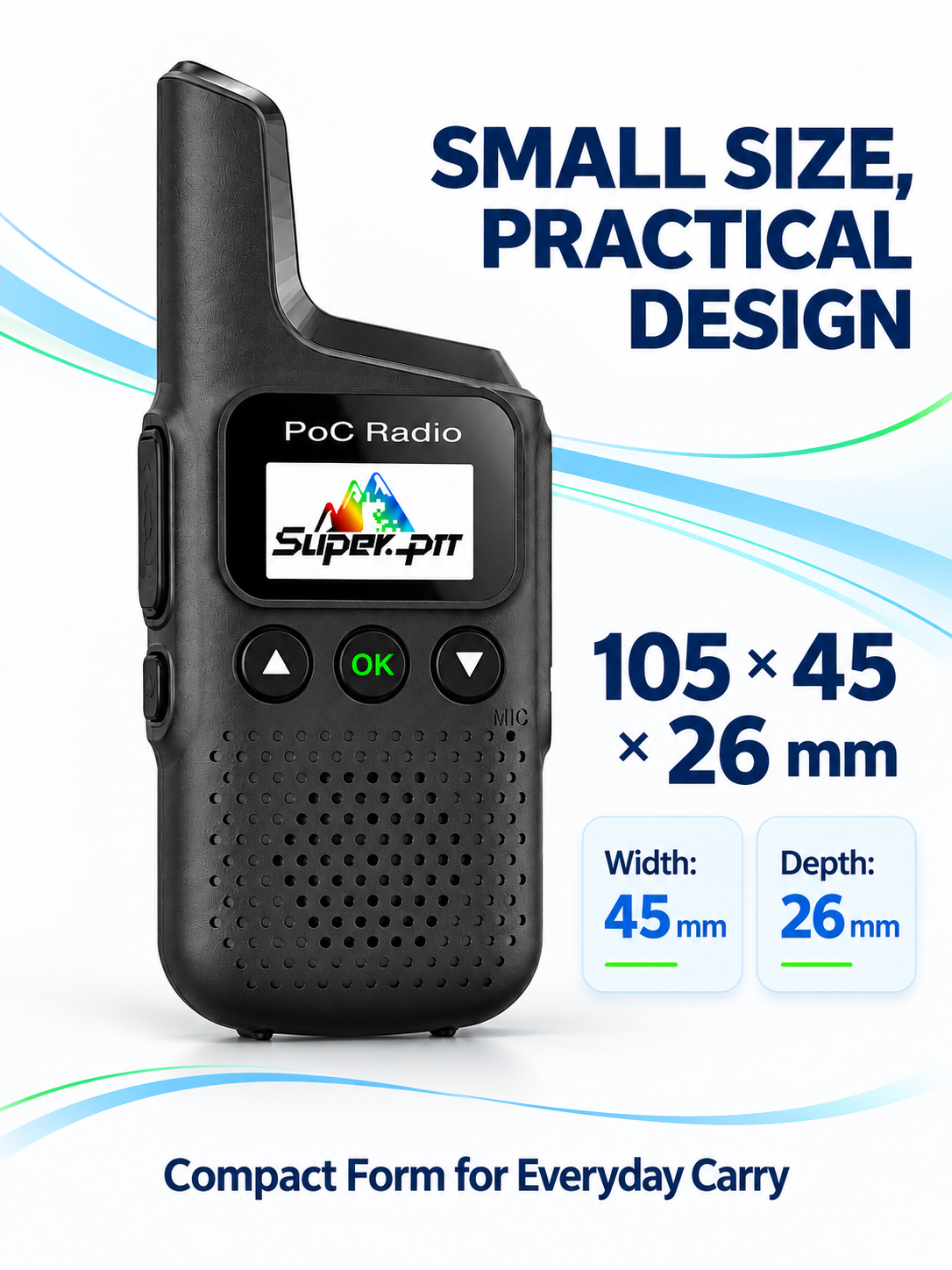 Compact M1 radio dimensions and black handheld design.