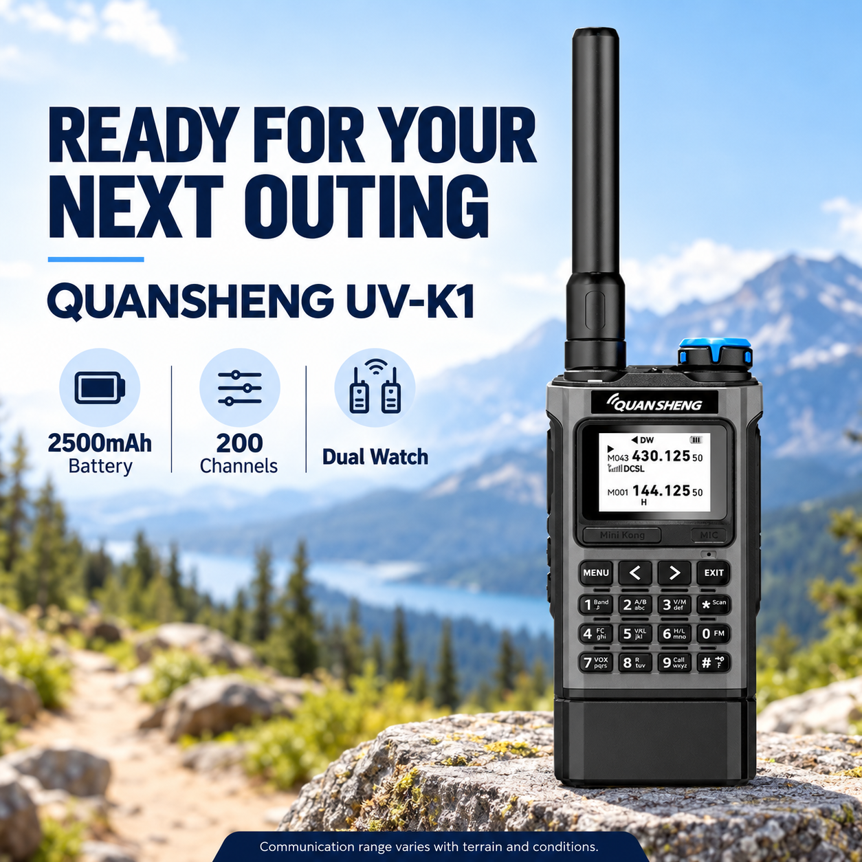 QUANSHENG UV-K1 gray-black handheld radio in an outdoor setting