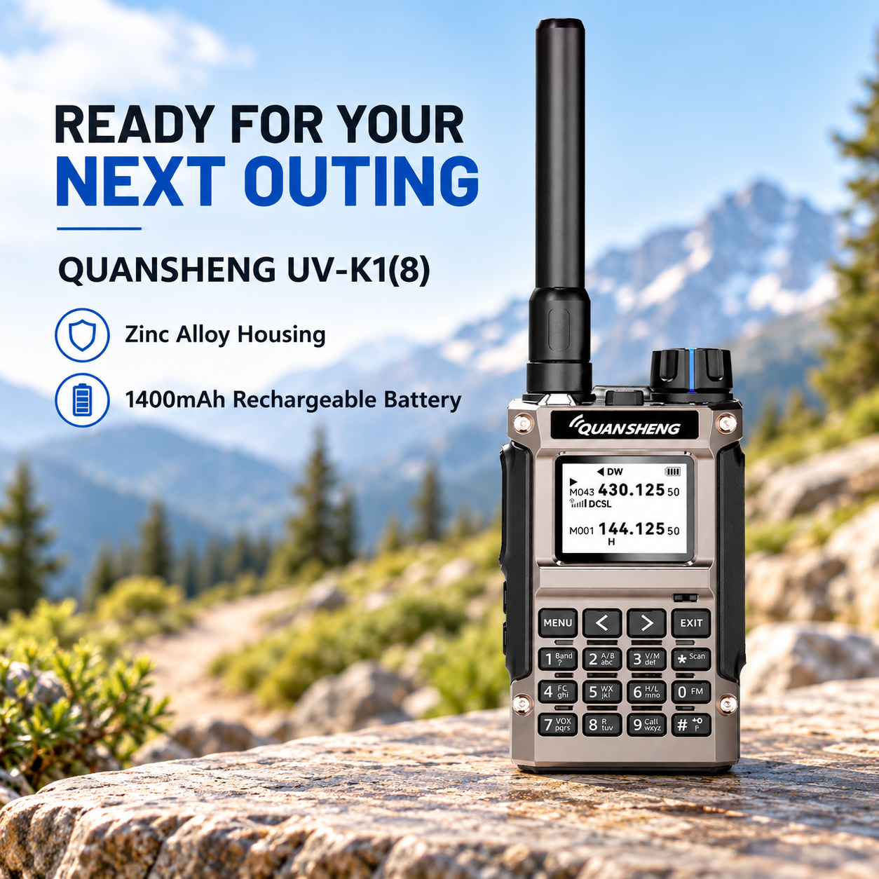 QUANSHENG UV-K1(8) short-body handheld radio in an outdoor setting