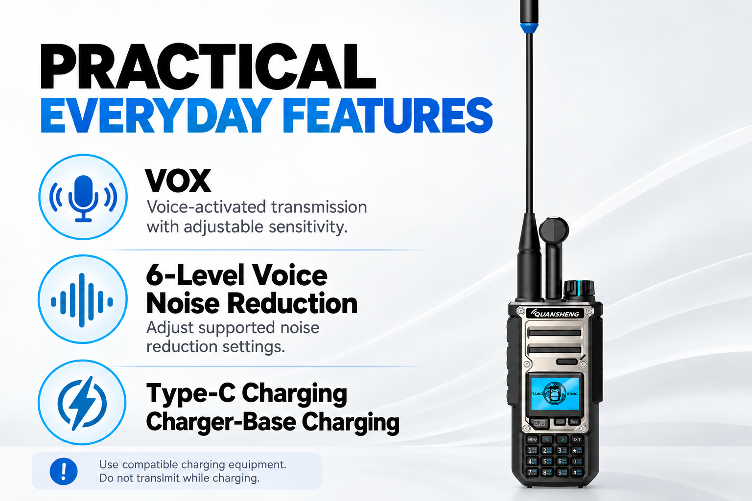 QUANSHENG TK-11(8) voice features USB-C and charger-base charging