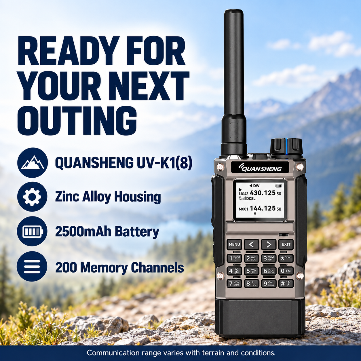QUANSHENG UV-K1(8) handheld radio in an outdoor setting