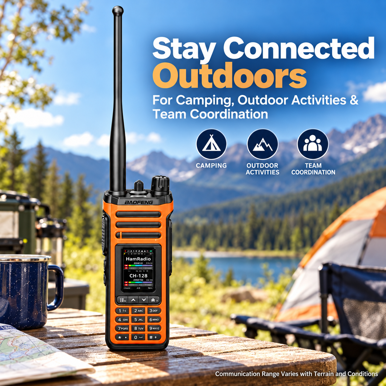 Orange BAOFENG UV-36 handheld radio in an outdoor setting