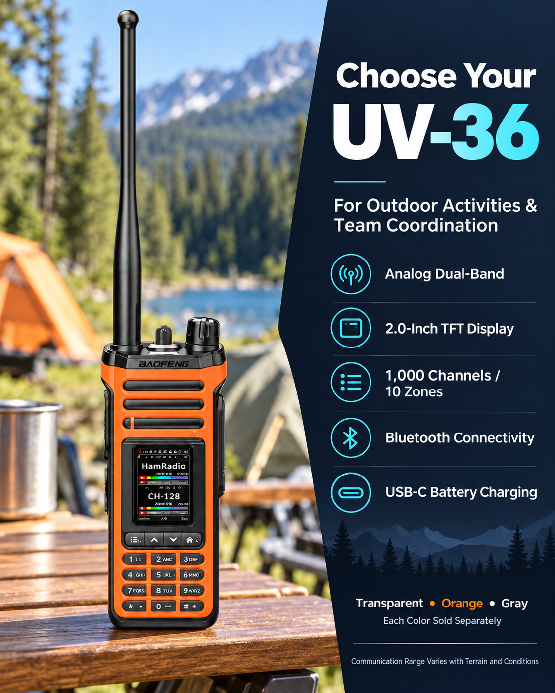 Orange BAOFENG UV-36 handheld radio in an outdoor setting