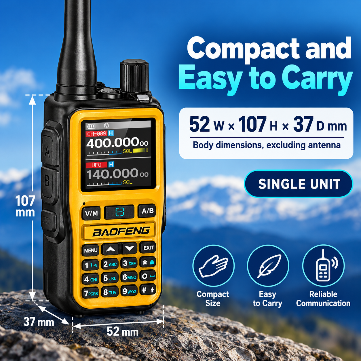 BAOFENG BF-5RMINI orange single radio compact dimensions and package configuration