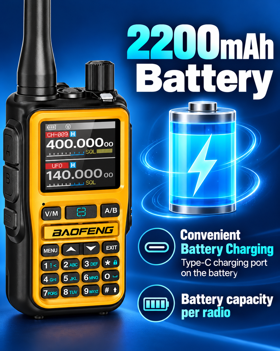 BAOFENG BF-5RMINI 2200mAh battery with USB-C charging