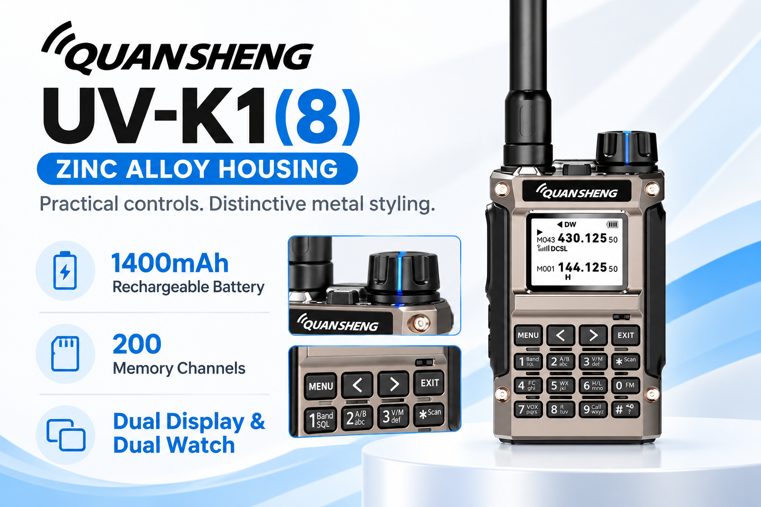QUANSHENG UV-K1(8) zinc alloy 1400mAh radio overview