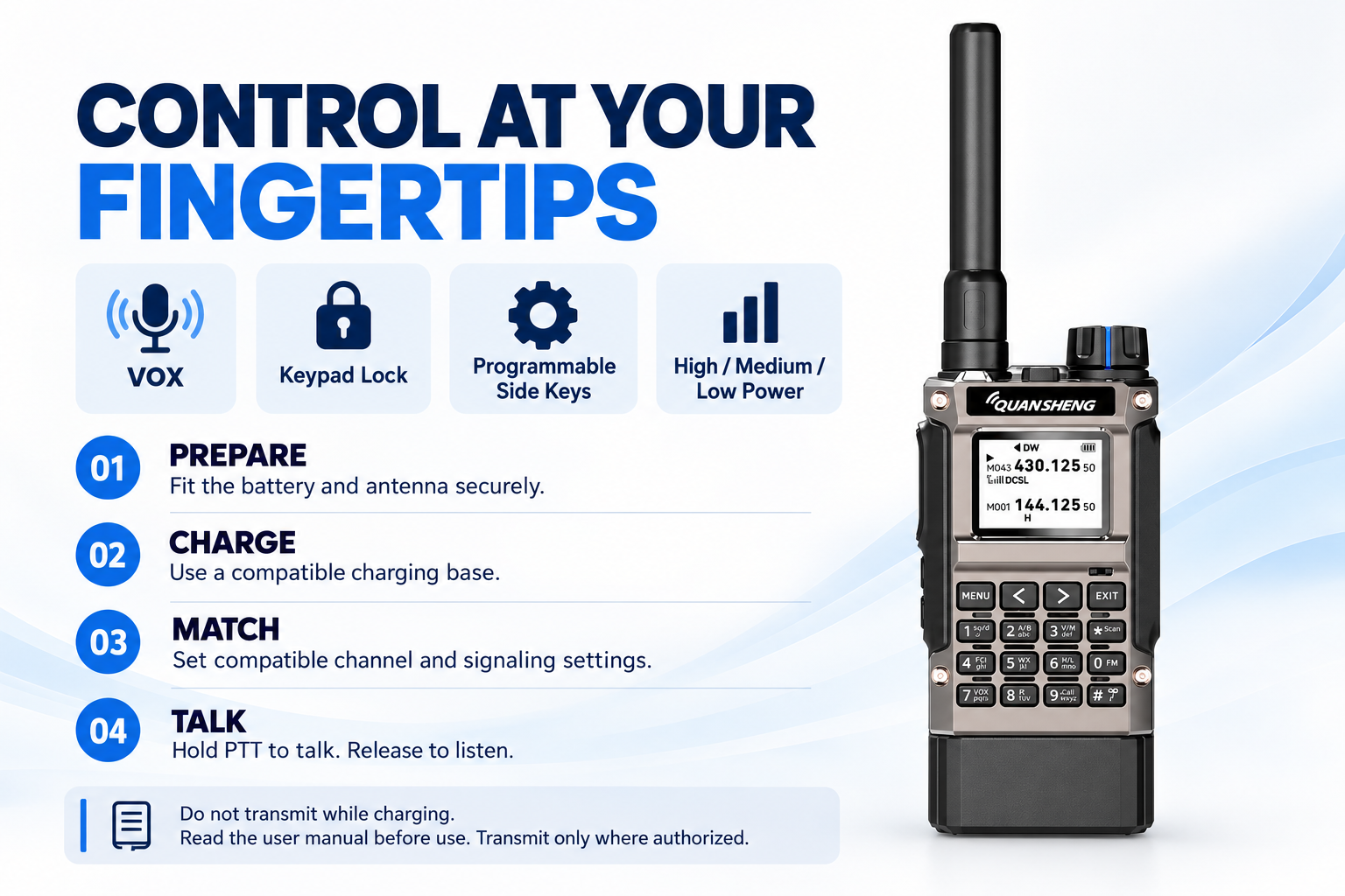 QUANSHENG UV-K1(8) controls and quick-start instructions
